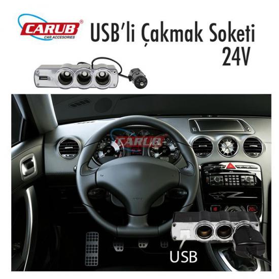 Kamyon Kamyonet Otobüs Çakmak Çoklayıcı Soket 24V Kablolu 3Lü ve USBli