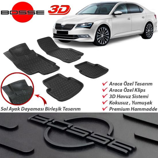 Skoda Super B Paspas 3D Havuzlu 2015 2023 Arası BOSSE Paspas